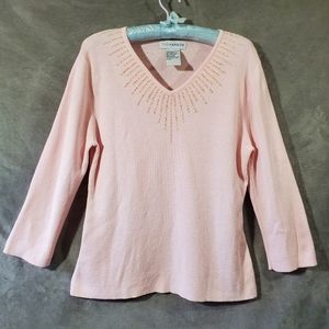Sag Harbor Long Sleeve Sequin & Bead Embellished V Neck Sweater Pink L
